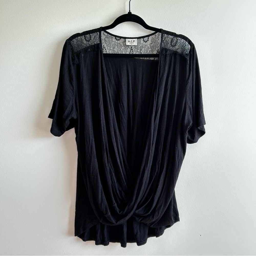 Black Draped Top by h.i.p., lace detail on shoulders, size 2X